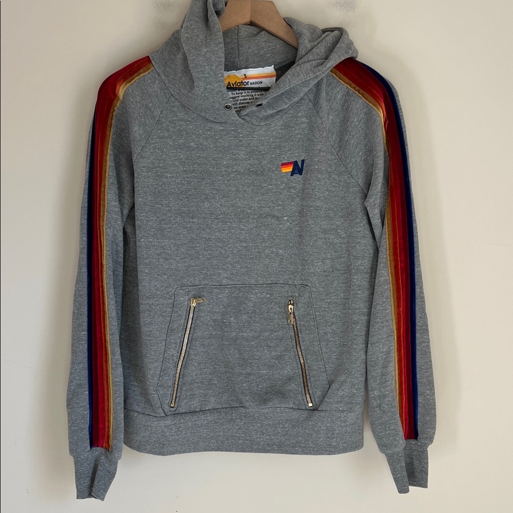 Aviator Nation Gray Hoodie with Rainbow Stripe Sleeves